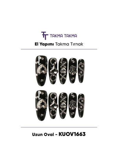 Kuov1663 - 1663 Uzun Oval - 10'lu Tekrar Kullanılabilir El Yapımı Protez Takma Tırnak M