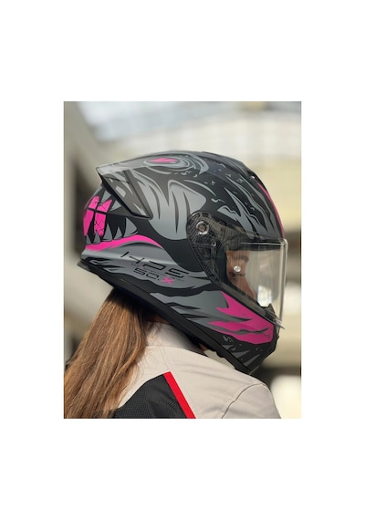 50.x Sharkbıte Mat Siyah-gri-pembe Kask Şeffaf Vizör Şeffaf