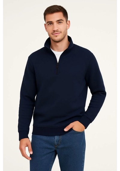 Cvs Giyim Erkek Dik Yaka Sweatshirt Dik Yaka Yarım Fermuarlı 3 İplik Şardonlu Pamuk Kumaş - Lacivert Lacivert