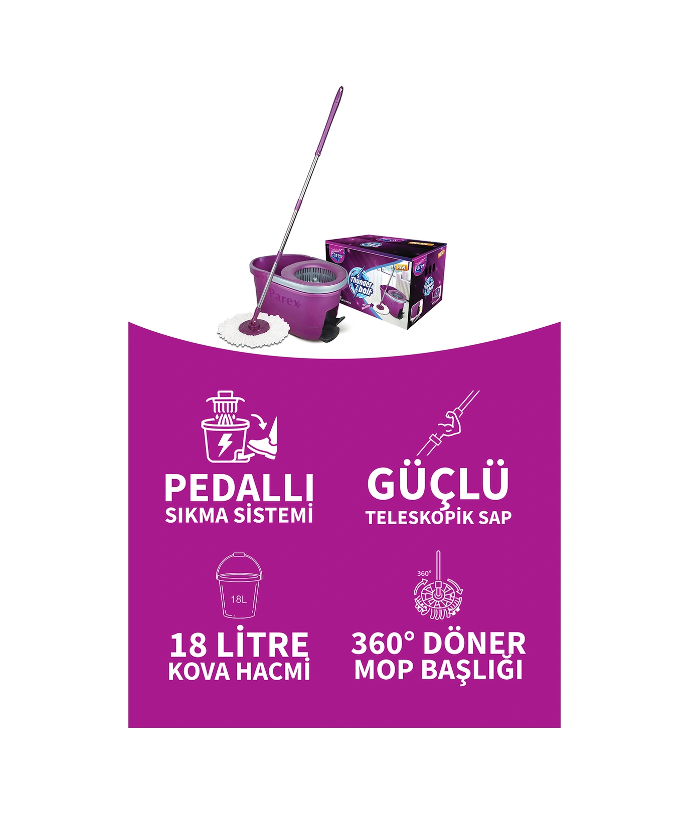 Thunderbolt Pedallı Otomatik Temizlik Seti Ve 3'lü Yedek Mop