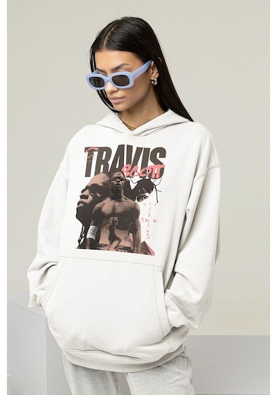 Travis Scott Baskılı Unisex Oversize Rapper Hoodie Beyaz