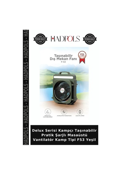 Delux Serisi Kampçı Taşınabilir Pratik Şarjlı Masaüstü Vantilatör Kamp Tipi F53 Yeşil
