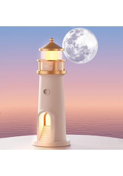 Hymark Deniz Feneri Projektör Ay Led Gece Lambası Kumandalı Kısılabilir Zamanlama Krem Üzeri Gold Patineli