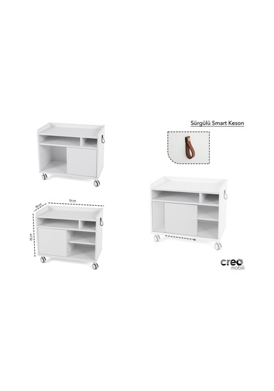 Creo Mobili Sürgü Kapaklı Organizer Smart Keson, Frenli Tekerlekli Ofis Ve Ev Komodini, Beyaz