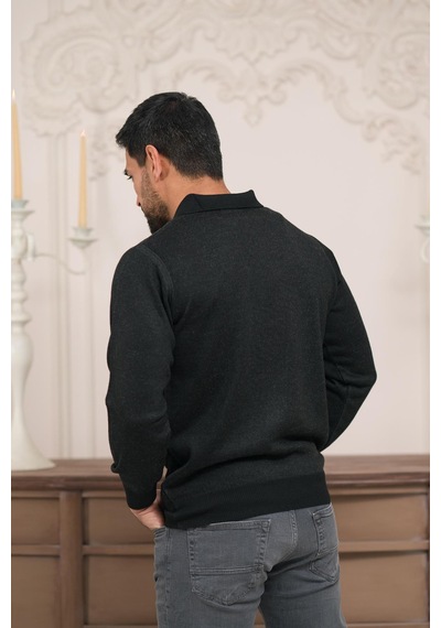 Woolen World Polo Yaka Desenli Yünlü Erkek Triko Kazak Siyah