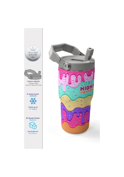 Coral High Dondurma Desenli Katlanır Ağızlıklı Çelik Termos 600 Ml 38907 Pembe