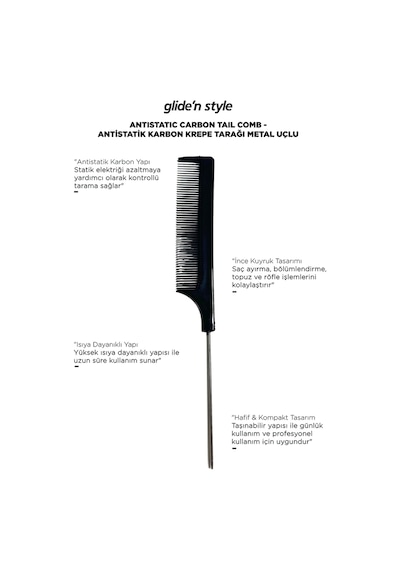 Glide'n Style GS-265 Metal Uçlu Antistatik Karbon Krepe Tarağı