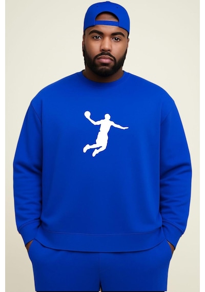 Benroma 3 İplik Penye Basketbolcu Baskılı Büyük Beden Unisex Sweatshırt Saks Mavisi