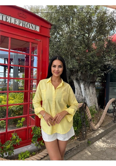 WeShaya Sarı Oversize Cepli Pamuklu Polyester Gömlek Sarı