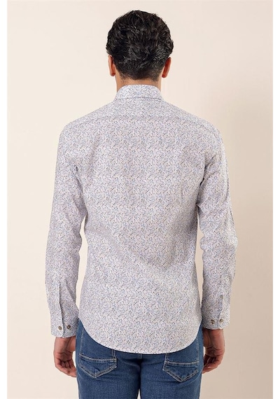 İmza Mavi Uzun Kollu Baskılı Sert Yaka Cepsiz Pamuklu Likralı Casual Slim Fit Gömlek 1004230135-mavi Mavi