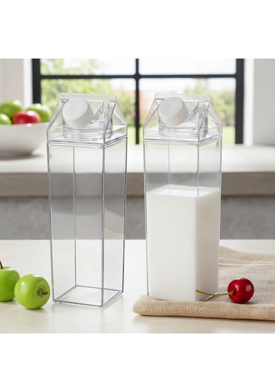4 Lü Set 1000 Ml Şeffaf Süt Kutusu Tasarımlı Akrilik Matara - Buzdolabı İçi Düzenleyici Şişe