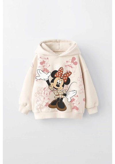 Kız Çocuk Minnie Baskılı Kapüşonlu Manşetli Sweatshirt Krem