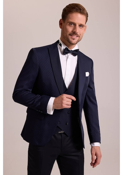 Ysf Erkek Lacivert Kırlangıç Yaka Yelekli Desenli Slim Fit Damatlık