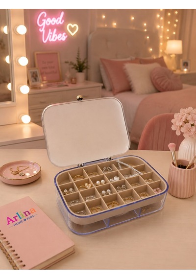 30 Bölmeli Takı Kutusu Düzenleyici Seyahat Çantası Kolye Yüzük Küpe Organizer Krem 18cmx12,5cm