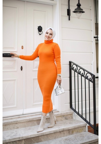 Hira Life Fashion Kadın Elbise Tesettür Giyim Balıkçı Yaka Ve Dar Kesim Triko Kalem Elbise Orange Orange Hira Life Fashion Kadın Elbise Tesettür Giyim Balıkçı Yaka Ve Dar Kesim Triko Kalem Elbise Orange Orange