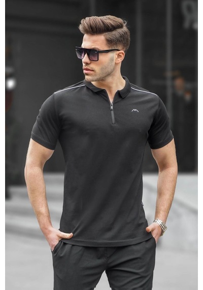 Madmext Erkek Siyah Basic Fermuarlı Polo Tişört 6076 Siyah