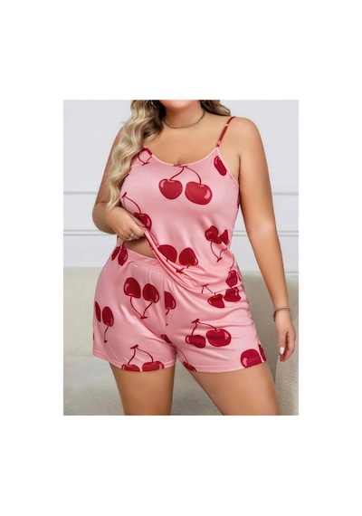 Kapsulavm Büyük Beden Pembe Kiraz Desen İnce Askılı Pamuklu Şortlu Pijama Takımı Pembe