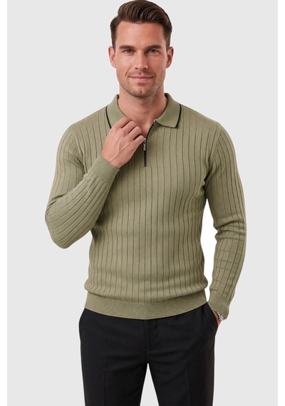 Deepsea Erkek Slim Fit Tüylenmeyen Çizgi Dokulu Haki Triko Kazak Fermuarlı Polo Yaka 2700401 Deepsea Erkek Slim Fit Tüylenmeyen Çizgi Dokulu Haki Triko Kazak Fermuarlı Polo Yaka 2700401