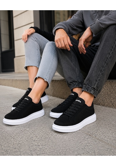 Günlük Rahat Taban Bağcıklı Sneaker Spor Ayakkabı Siyah Beyaz
