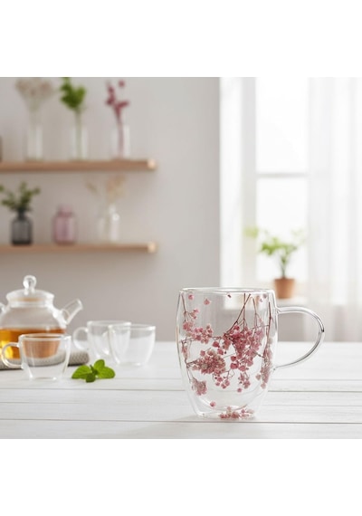 350ml Çift Cidarlı Çiçekli Kupa Isıya Dayanıklı Çift Katmanlı Cam Çay & Kahve Kupası Şık Ve Ergonomik Tasarım Beyaz - Çok Renkli