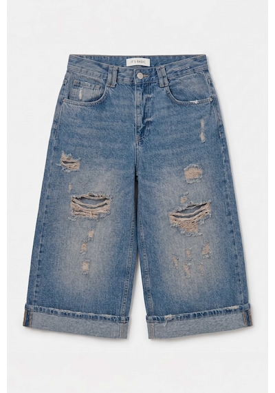 Itsbasic Kadın Kot Rengi 10s6-84 Yırtık Detaylı Maxi Bermuda Şort