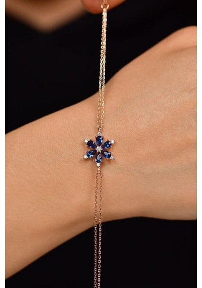 Roza Silver Safir Taşlı Rose Lotus Çiçeği Gümüş Bileklik
