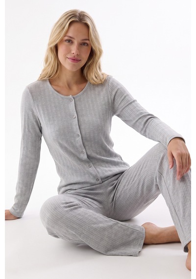 Nbb Gri Melanj Pointel Düğmeli Pijama Takımı GRİ MELANJ