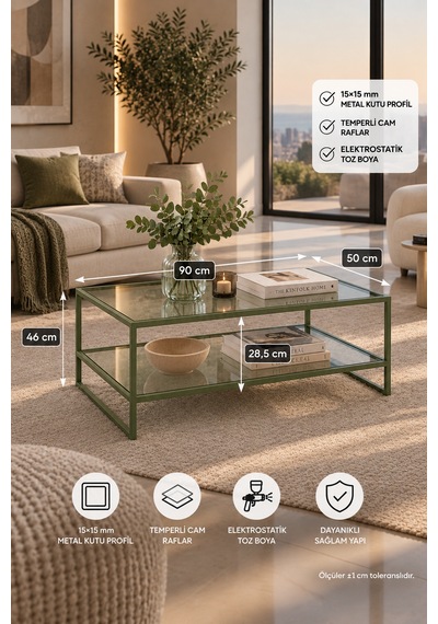 Teknor Şeffaf Camlı Yeşil Orta Sehpa Çift Raflı Modern Tasarım 90 50 46 Cm