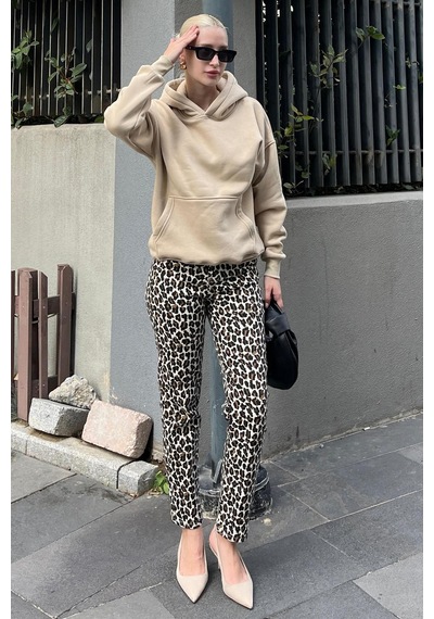 Bej Kapüşonlu Şardonlu Oversize Cepli Sweatshirt Mg2206