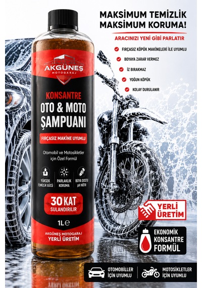 Akgüneş Motogaraj 1 Lt Konsantre Oto & Moto Şampuanı 30 Kat Sulandırılabilir Fırçasız Makine Uyumlu