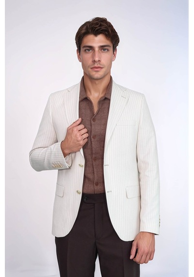 Ekru Çizgili Keten Dokulu Gold Renk Metal Düğmeli Slim Fit Erkek Blazer Ceket Wessi Cream