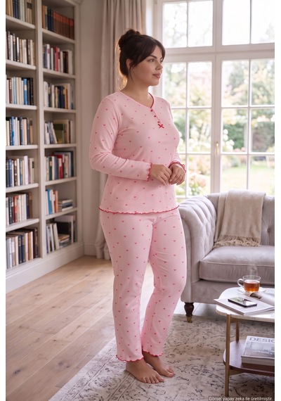 Seboteks Fitilli Kaşkorse Kumaş Uzun Kollu Büyük Beden Kadın Pijama Takımı 2990 Pudra