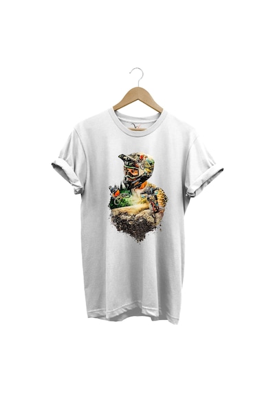 Bisiklet Dağ Tırmanışı Kask Ve Bisiklet Orman Detay Tasarım Basklılı %100 Pamuk Regular Fit T-shirt Beyaz