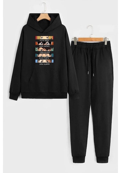Uyguntarz Unisex Cosplay Haikyuu Baskılı Eşofman Takımı Siyah
