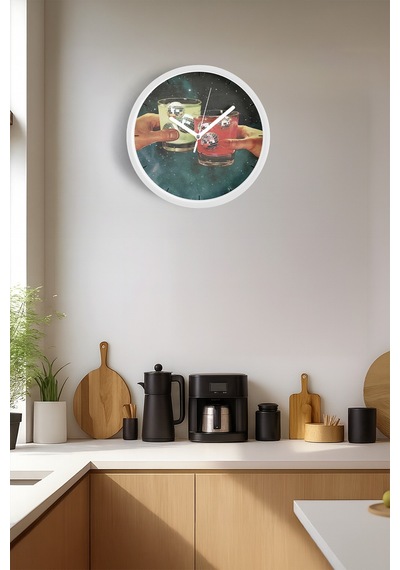 Modern Kokteyl Temalı Duvar Saati - 25cm - Önü Camlı Beyaz Kasa - Sessiz Mekanizma-jh0107 Beyaz