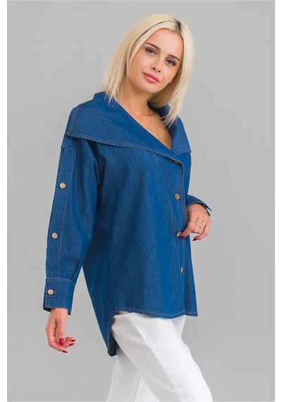 Bold & Young Kadın Pamuklu Denim Kumaş Kol Yırtmaç Düğmeli Büyü Yaka Kot Gömle Lacivert