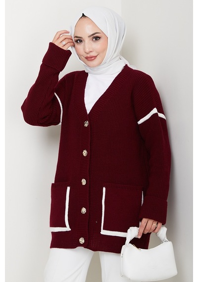 Bestenur İlge Düğmeli Triko Hırka 1597 - Bordo Bordo
