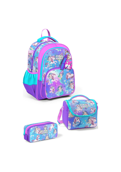 Coral High Kids Mor Pembe Unicorn Deniz Kızı Desenli 3'lü Okul Çanta Seti Set0123657
