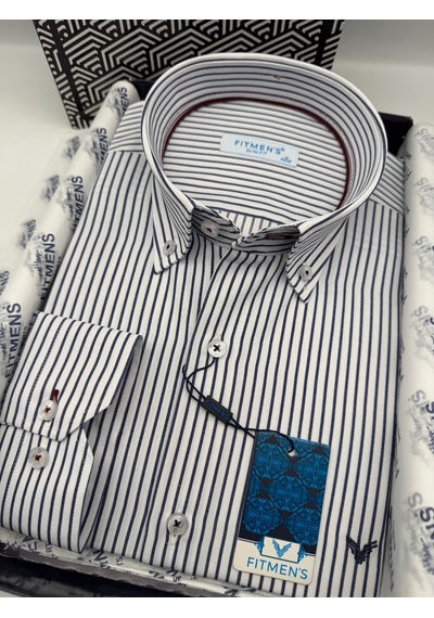 Slim Fit Uzun Kol Premium Çizgili Yaka Düğmeli Hediye Kutulu Erkek Gömlek Fs-004440 - Lacivert-3179