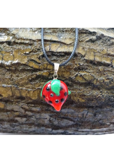 Balıkhediyelikfoto Handmade El Yapimi Murano Cam Kolye-Çilek Modeli Altın