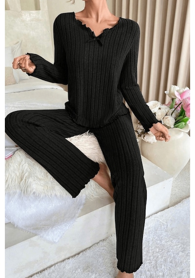 Moda Dua Kadın Siyah Uzun Kollu Fiyonklu Yuvarlak Yaka Mevsimlik Pijama Takımı
