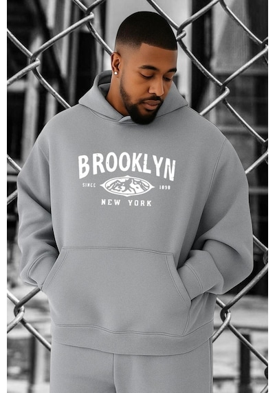 Benroma 3 İplik Penye Brooklyn Baskılı Büyük Beden Sweatshırt Gri
