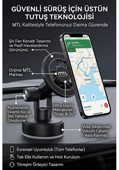 Güçlü Manyetik Araç İçi Telefon Tutucu 360 Döner Başlık Ekstra Güçlü Mıknatıs Magsafe Uyumlu Mt6087