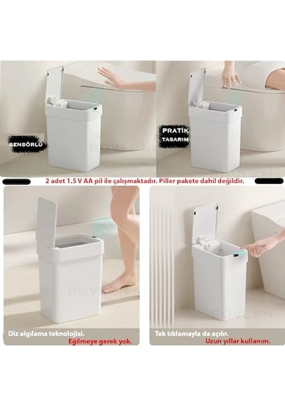 Otomatik Hareket Sensörlü Çöp Kovası, Banyo Çöp Kovası, Çocuk Odası Çöp Sepeti, Çöp Kutusu, 2 Adet 1.5 V Genel