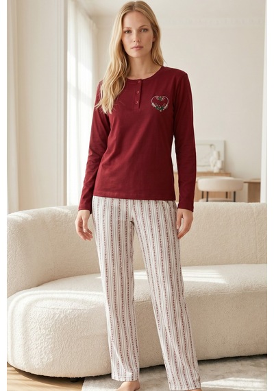 Siyah İnci Nakışlı Düğmeli Pamuklu Likralı Örme Pijama Takım26240355 Bordo