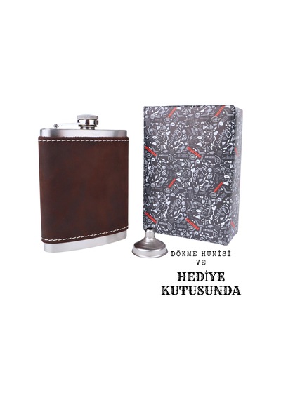 Perlotus 8 Oz 240 Cc Koyu Kahverengi Crazy Deri Kılıflı El Yapımı Çelik Viski Cep Matarası Kahverengi