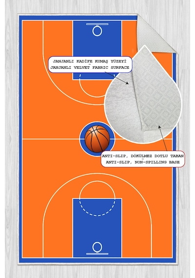 Basketbol Sahası Desenli Yıkanabilir Kaymaz Taban Çocuk Oyun Halısı Turuncu