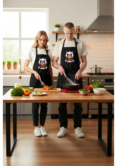 Unisex Mutfak Aşçı Önlüğü Burger Tutan Panda Karikatür Baskılı Ra Siyah
