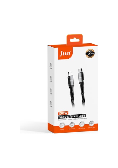 Juo 100W 5A E-mark Çipli Pd Type-C to Type-C Örgülü Hızlı Şarj ve Data Kablosu 2 M