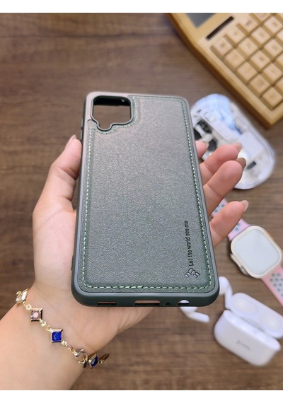 Samsung Galaxy A12 Uyumlu Premium Deri Dokulu Darbelere Karşı Dayanıklı Nazal Silikon Kılıf Haki